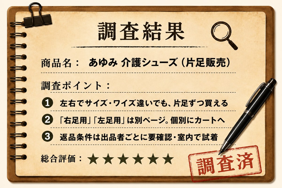 調査結果カード：あゆみ 介護シューズ（片足販売）／左右サイズ違いで片足ずつ買える／総合評価★5