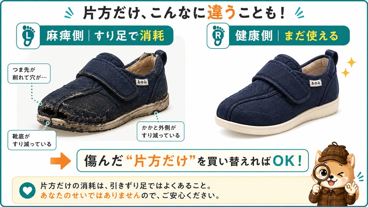 片方だけ傷む引きずり足の比較