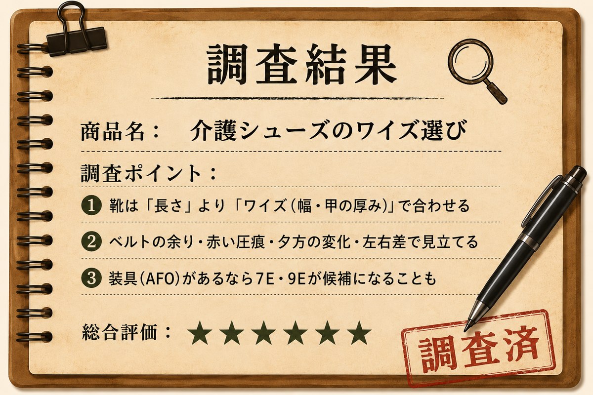 調査結果カード：介護シューズのワイズ選び／長さよりワイズで合わせる／総合評価★5