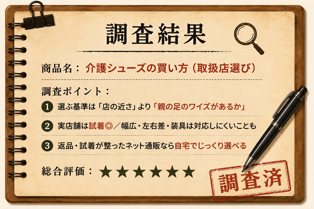 調査結果カード：介護シューズの買い方（取扱店選び）／店の近さよりワイズ／総合評価★5