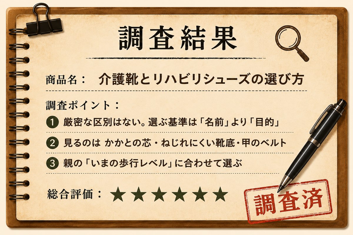 調査結果カード：介護靴とリハビリシューズの選び方／名前より目的／総合評価★5