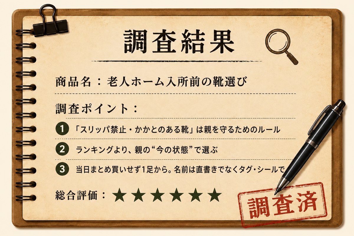 調査結果カード：老人ホーム入所前の靴選び／親の状態で選ぶ・1足から・名前はタグやシールで／総合評価★5