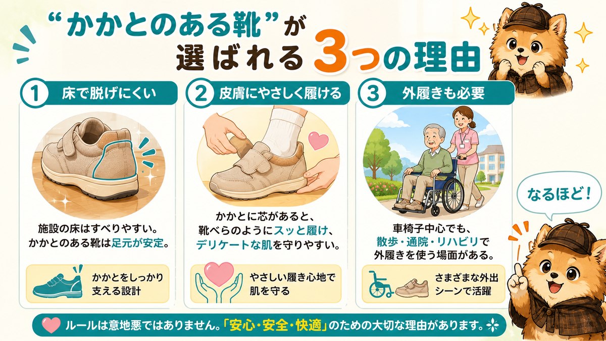 かかとのある靴が選ばれる3つの理由（床で脱げにくい・皮膚にやさしく履ける・外履きも必要）