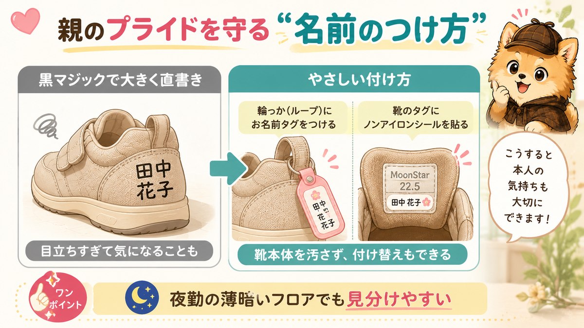 親のプライドを守る名前のつけ方（かかとループにお名前タグ・靴のタグにノンアイロンシール）