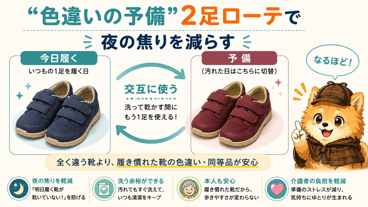 色違いの予備で2足ローテーション（交互に使い、洗って乾かす間にもう1足）