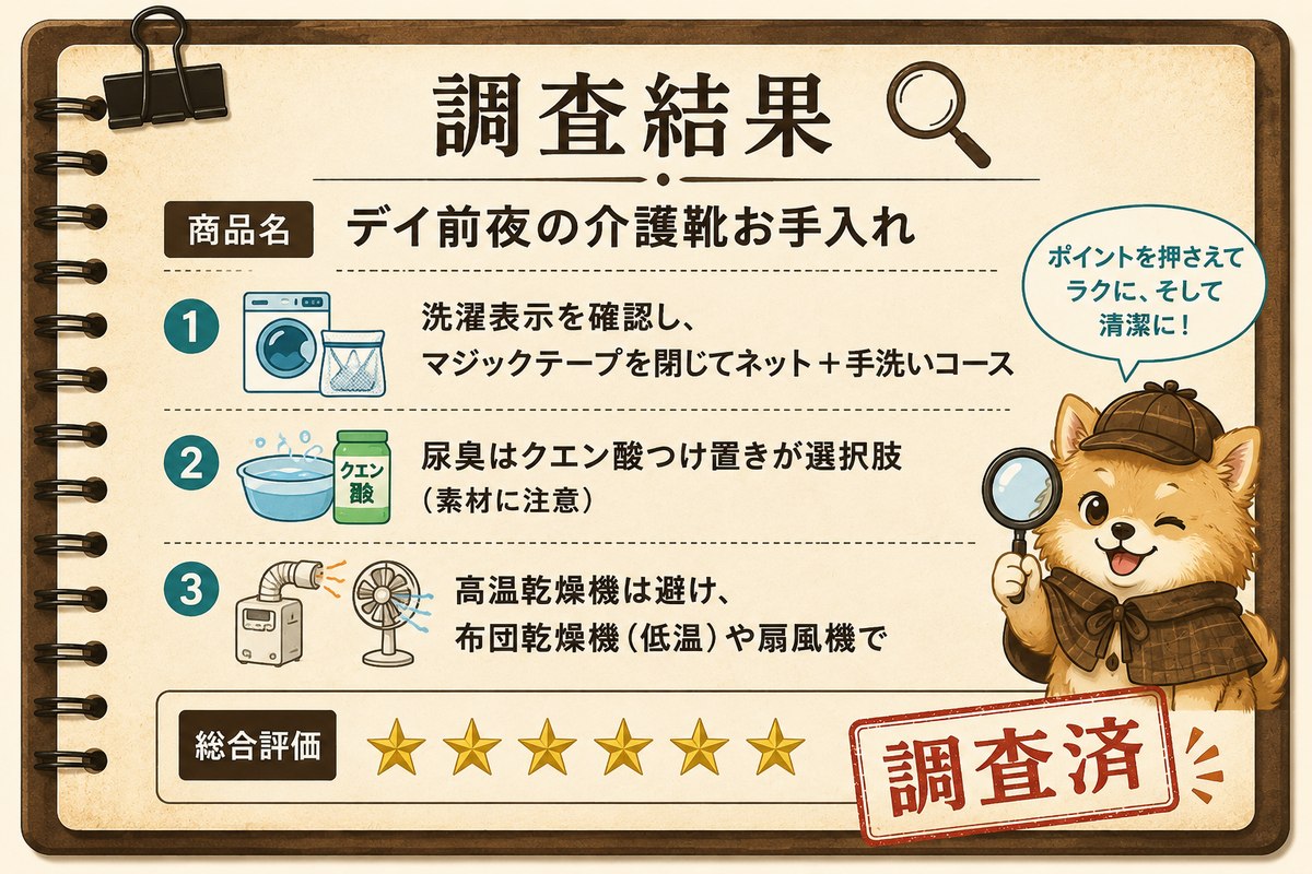 調査結果カード：デイ前夜の介護靴お手入れ／洗濯表示を確認・クエン酸つけ置き・高温乾燥機は避ける／総合評価★5