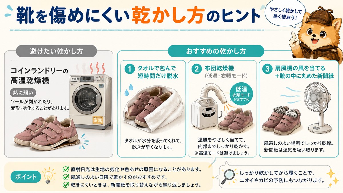 靴を傷めにくい乾かし方（高温乾燥機は避け、タオル脱水・布団乾燥機・扇風機）