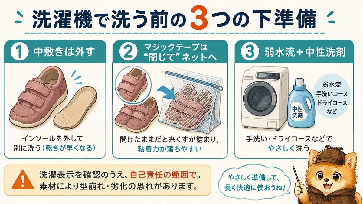 洗濯機で洗う前の3つの下準備（中敷きを外す・マジックテープを閉じてネット・弱水流＋中性洗剤）