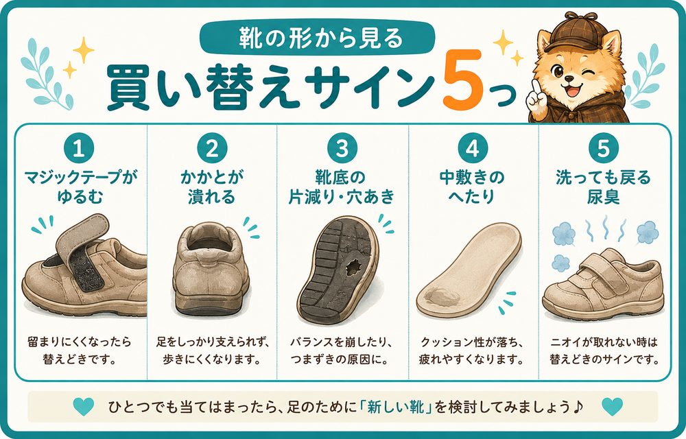 介護靴の買い替えサイン5つ（マジックテープの緩み・かかとの潰れ・靴底の片減りや穴あき・中敷きのへたり・洗っても戻る尿臭）