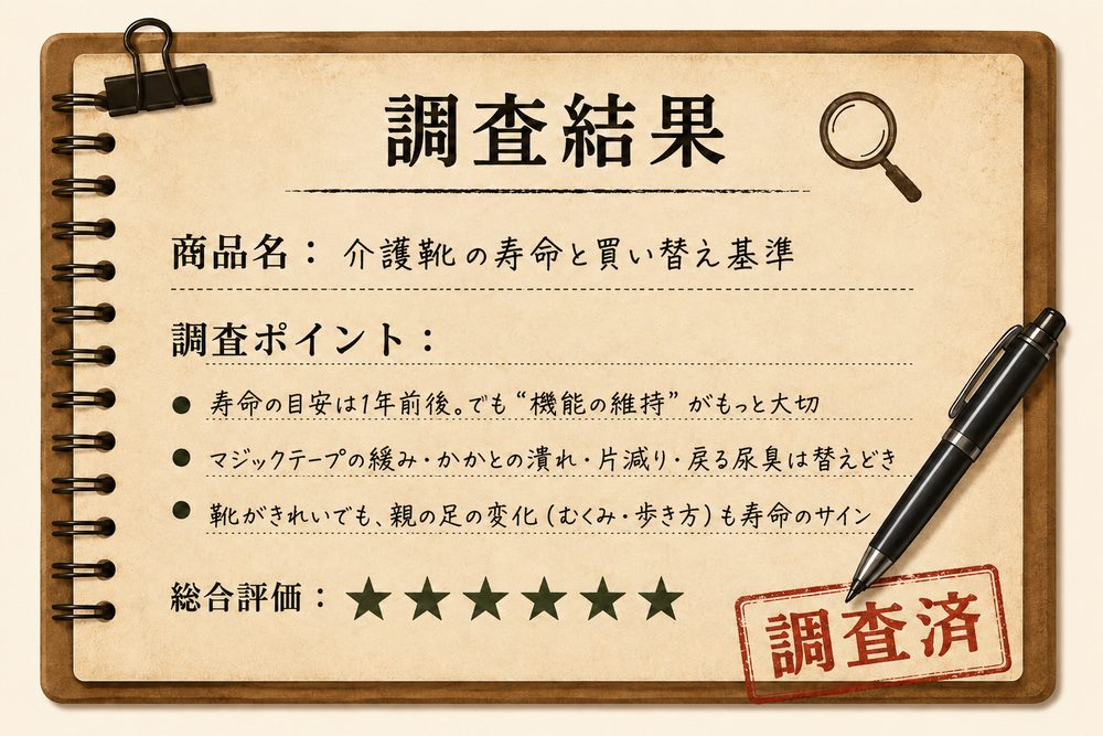 調査結果カード：介護靴の寿命と買い替え基準／寿命の目安は1年前後でも機能維持が大切・マジックテープやかかと等は替えどき・親の足の変化も寿命／総合評価★5