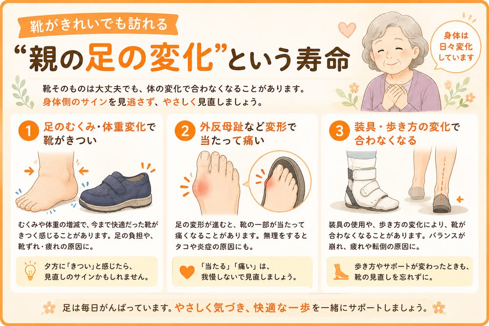 靴がきれいでも訪れる親の足の変化という寿命（足のむくみ・外反母趾などの変形・装具や歩き方の変化）