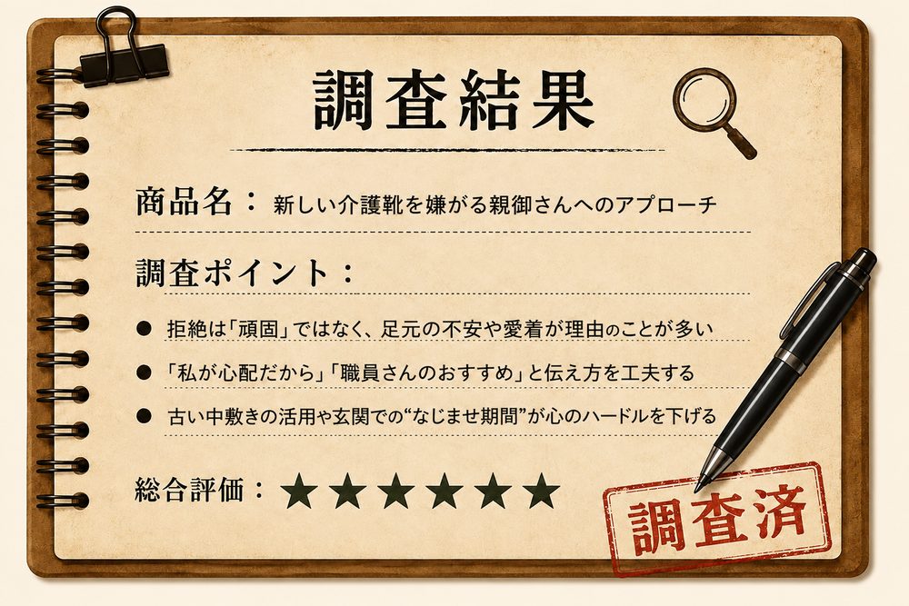 調査結果カード：新しい介護靴を嫌がる親御さんへのアプローチ。拒絶は不安や愛着が理由・伝え方を工夫・なじませ期間が心のハードルを下げる／総合評価★5