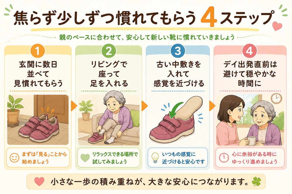 新しい介護靴に焦らず少しずつ慣れてもらう4ステップ。玄関に並べて見慣れる・リビングで座って足を入れる・古い中敷きで感覚を近づける・デイ出発直前は避け穏やかな時間に