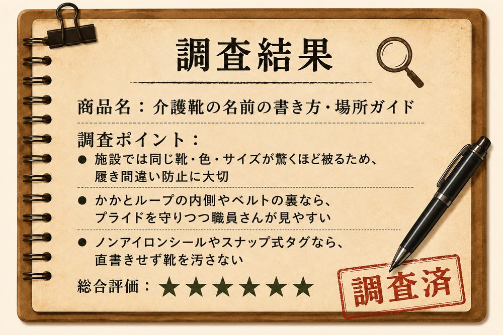 調査結果カード：介護靴の名前の書き方・場所ガイド。施設では同じ靴が被るため履き間違い防止に大切・かかとループ内側やベルト裏が見やすい・シールやタグで直書きせず汚さない／総合評価★5