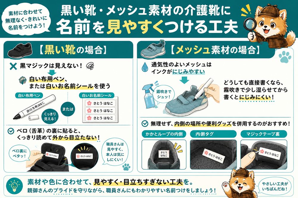 黒い介護靴やメッシュ素材に名前をつける工夫。黒い靴には白い布用ペンや白いお名前シール、メッシュは霧吹きで湿らせてから書く・かかとループや内側タグ・マジックテープ裏の活用を示す図