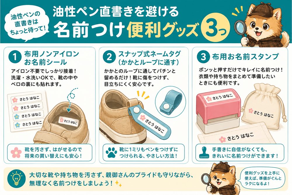 介護靴を汚さず名前つけする便利グッズ比較。布用ノンアイロンお名前シール、スナップ式ネームタグ、布用お名前スタンプの特徴を比較する図