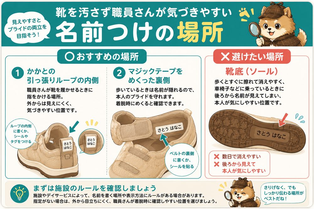 介護靴に名前を書くおすすめ場所。かかとの引っ張りループ内側やマジックテープの裏側など、外から見えにくく職員さんが確認しやすい場所を示す図。靴底への直書きは避ける