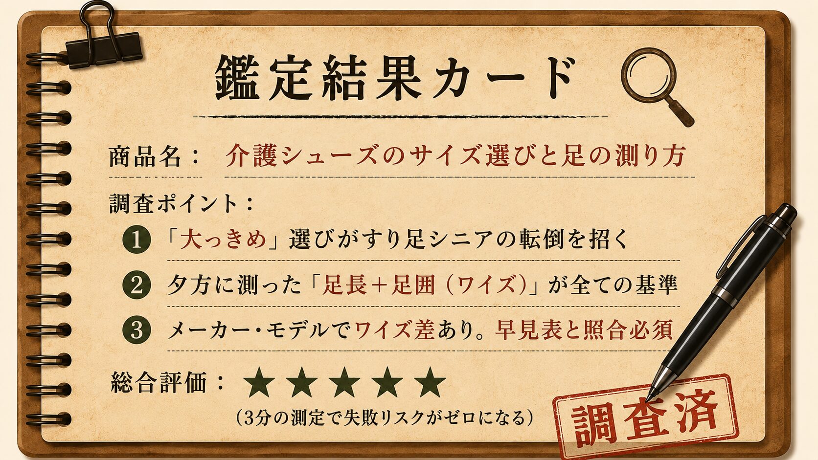 福祉グッズ探偵事務所 鑑定結果カード：介護シューズのサイズ選びと足の測り方