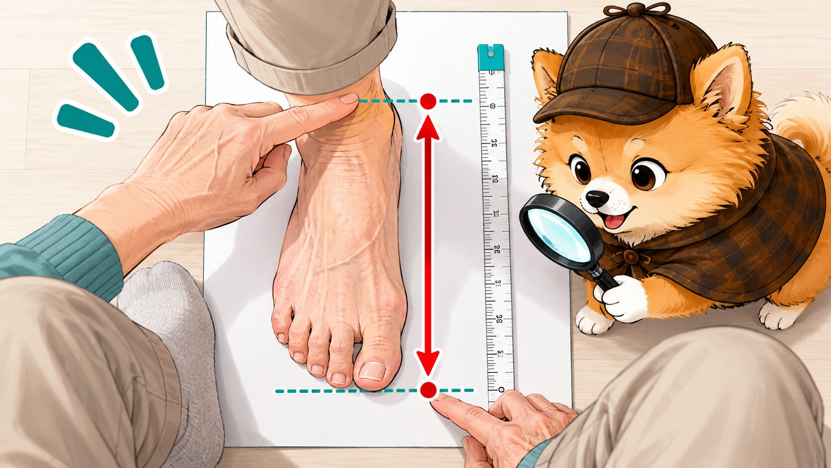紙の上に足を乗せてかかとから一番長い指先まで測る足長の測り方イラスト