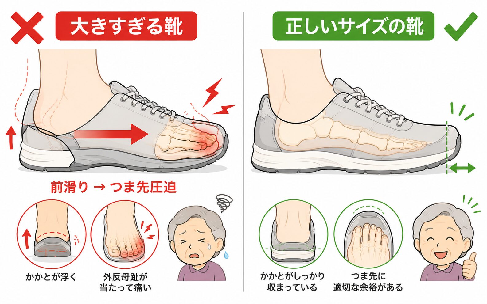 大きすぎる靴（前滑りで危険）と正しいサイズの靴の比較図
