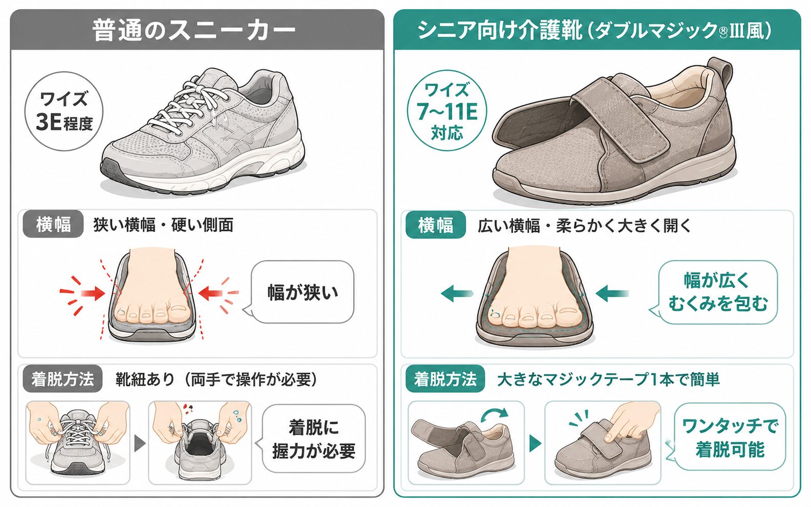 普通のスニーカーとシニア向け介護靴（ダブルマジックⅢ）の構造比較