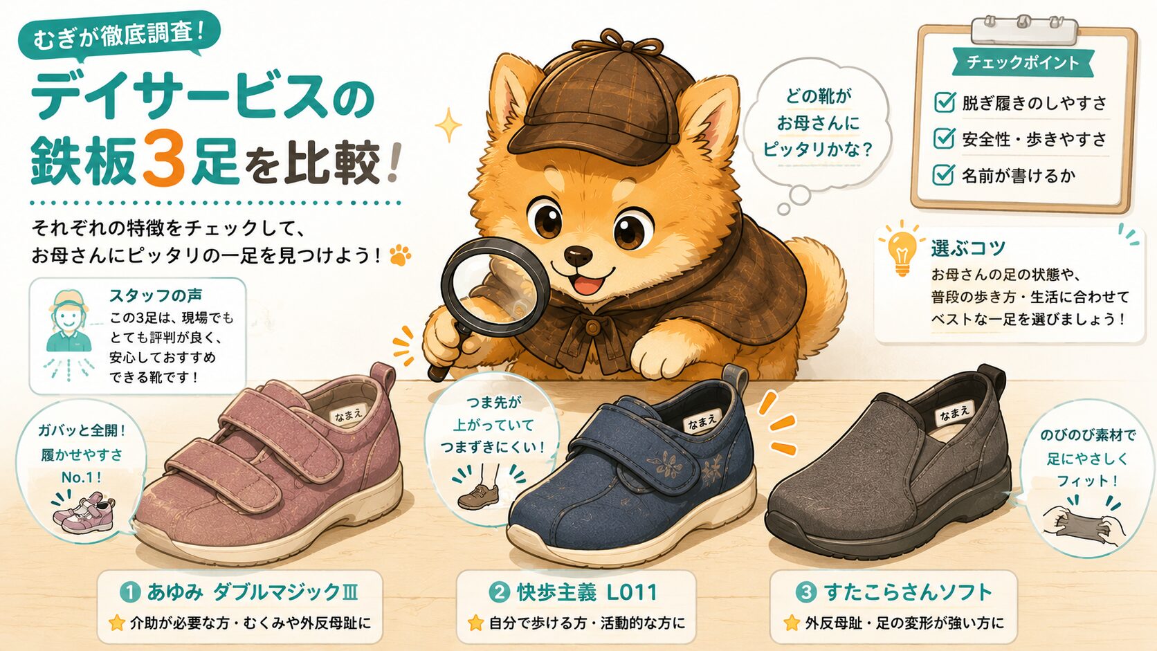 デイサービス向け介護シューズ鉄板3足比較