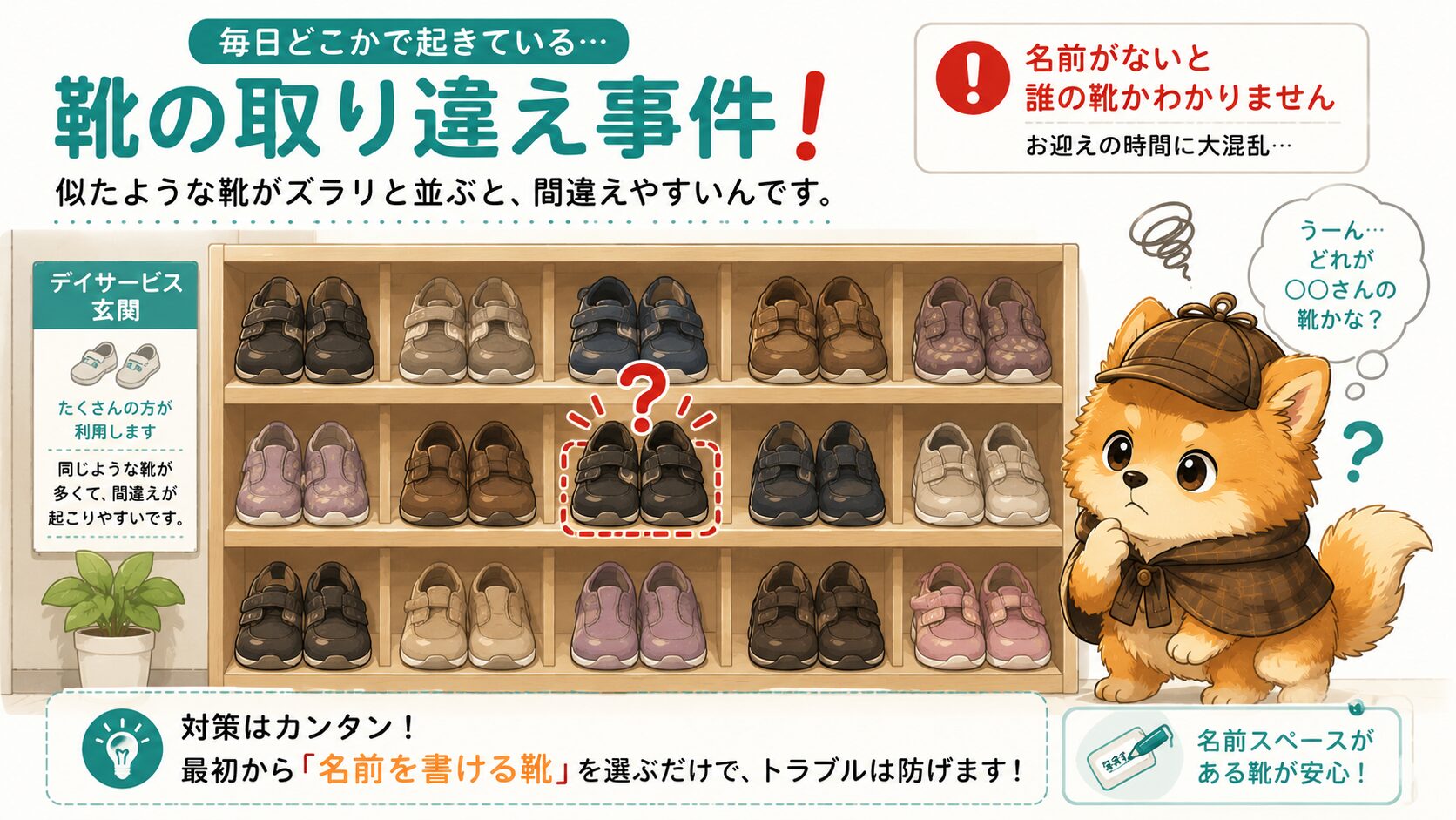 デイサービス玄関での靴の取り違えイラスト
