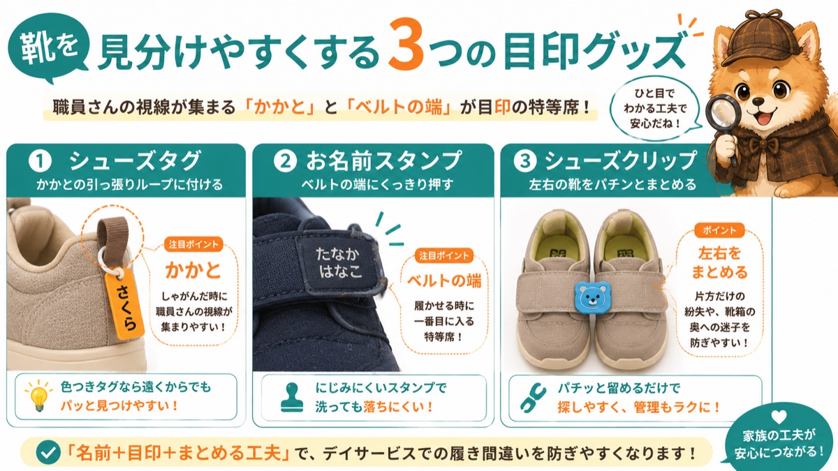靴を見分けやすくする3つの目印グッズ（シューズタグ・お名前スタンプ・シューズクリップ）