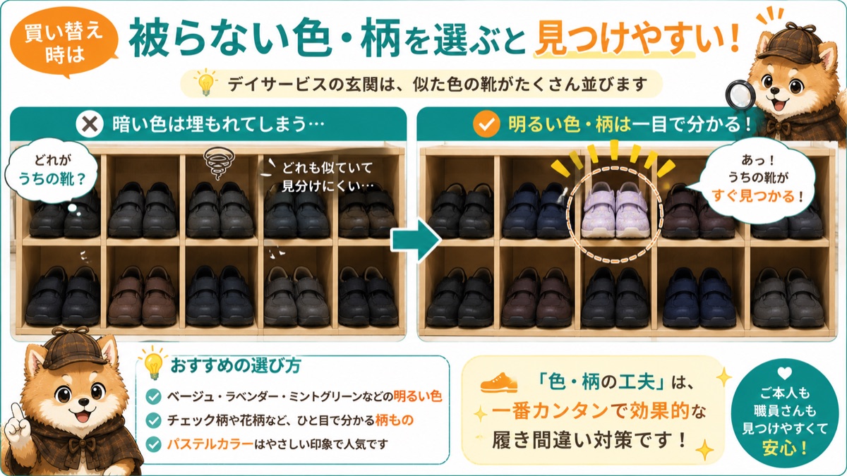 買い替え時は被らない明るい色・柄の介護靴を選ぶと見つけやすい