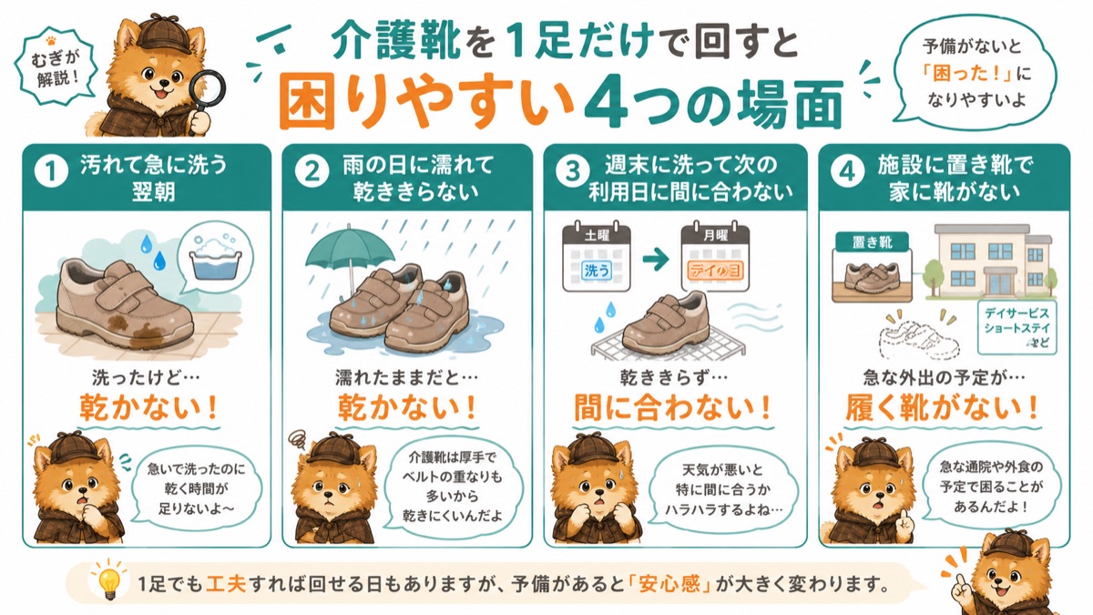 介護靴を1足だけで回すと困りやすい4つの場面
