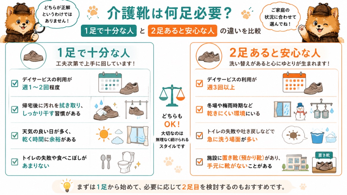 介護靴が1足で十分な人と2足あると安心な人の比較