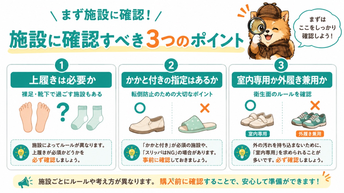 施設に確認すべき3つのポイント(必要か・かかと付き指定・室内専用か)