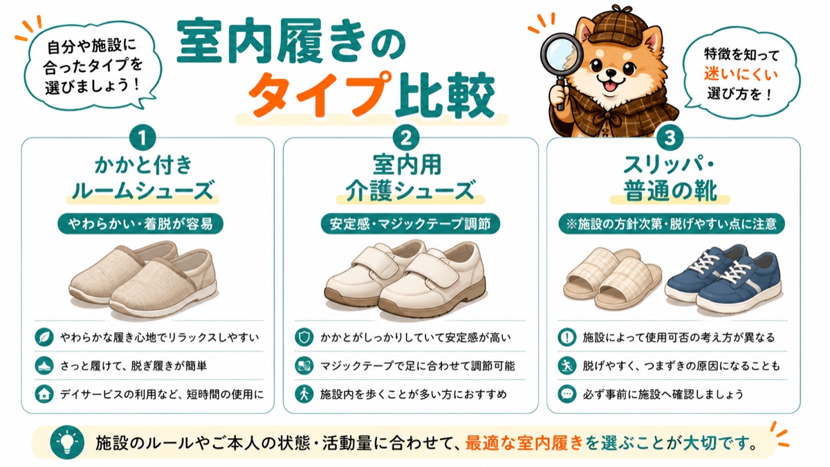 室内履きのタイプ比較(ルームシューズ・室内用介護シューズ・スリッパ)