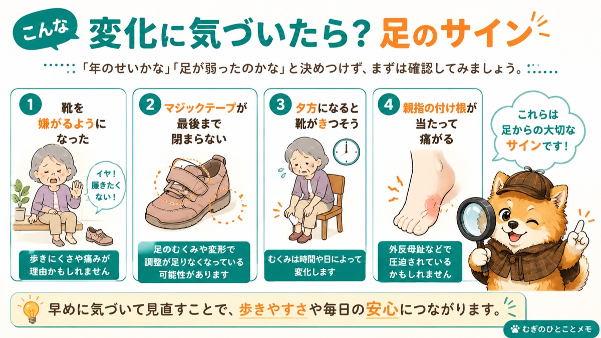 足の変化のサイン(靴を嫌がる・マジックテープが閉まらない・夕方きつい・親指が当たる)
