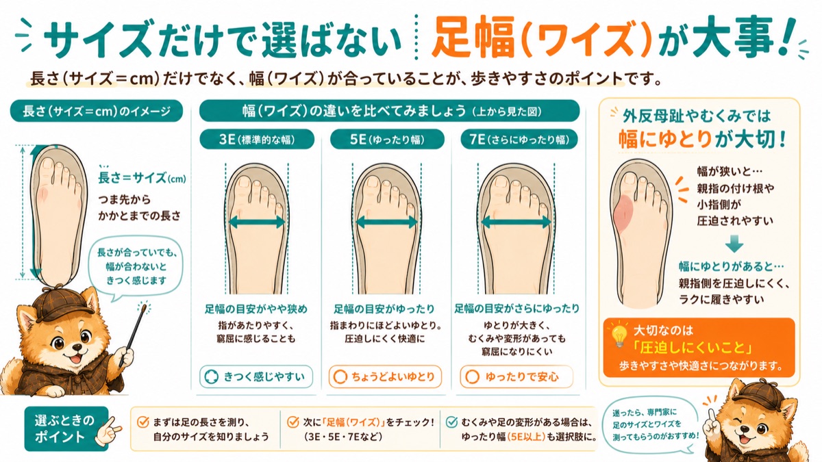 サイズだけでなく足幅(ワイズ3E/5E/7E)が大事