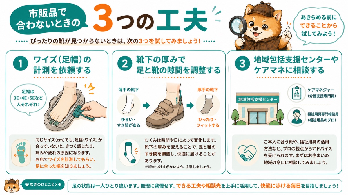 市販品で合わないときの3つの工夫(ワイズ計測・靴下調整・窓口相談)