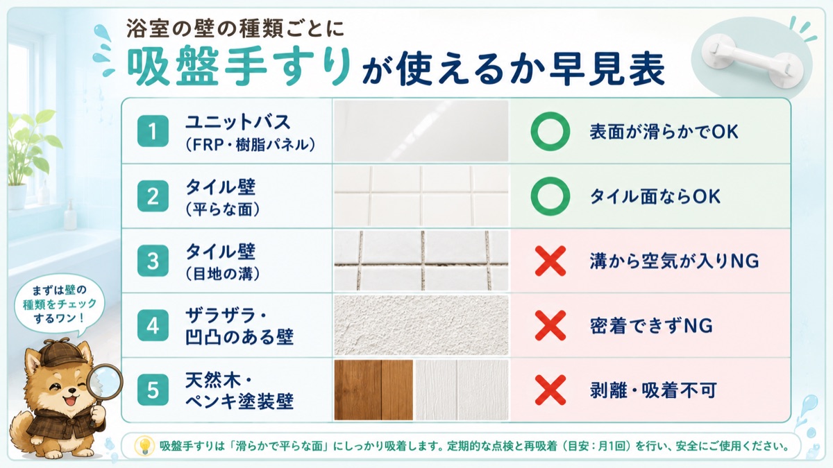 浴室の壁の種類ごとに吸盤手すりが使えるか一目でわかる早見イラスト