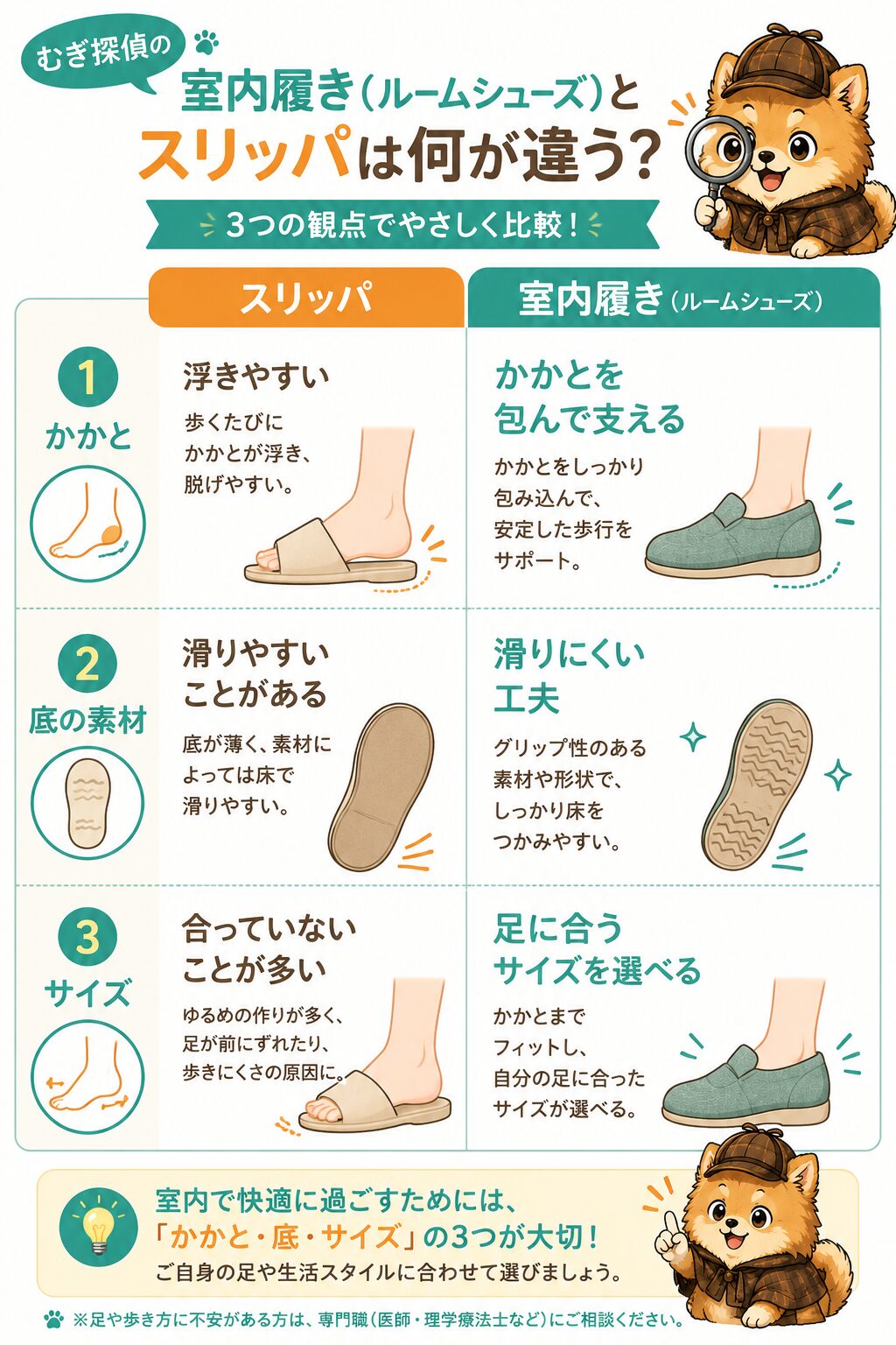 室内履きとスリッパの違い（かかと・底の滑りにくさ・サイズの比較）