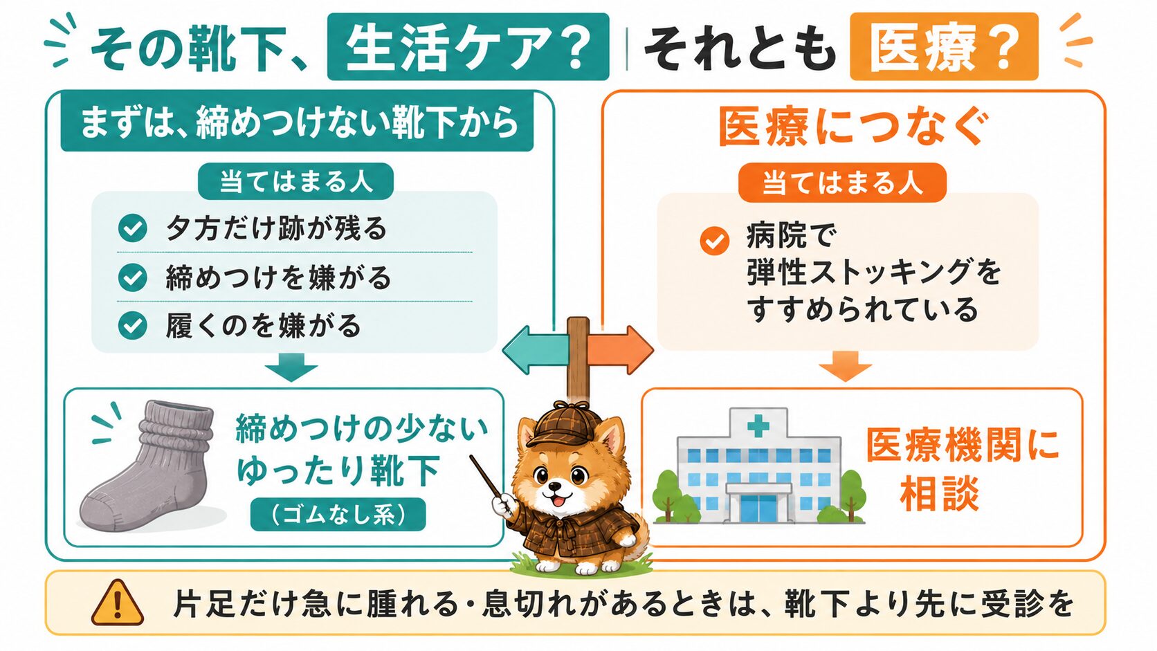 締めつけない靴下(生活ケア)と弾性ストッキング(医療)の二段構え