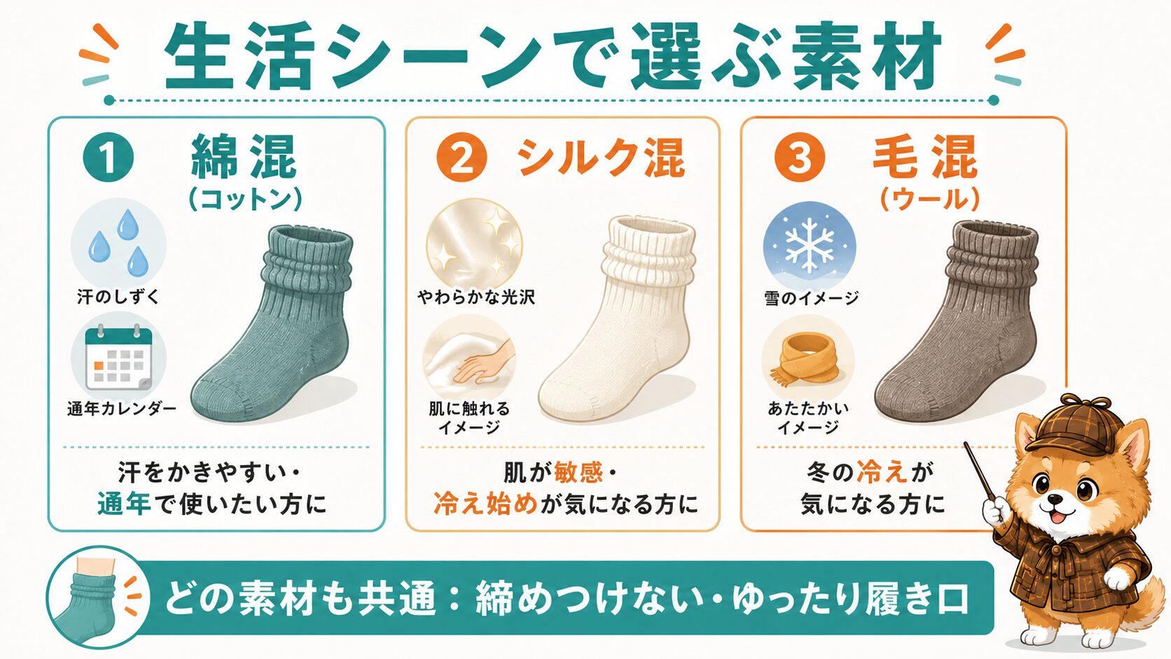 生活シーンで選ぶ素材(綿混・シルク混・毛混)
