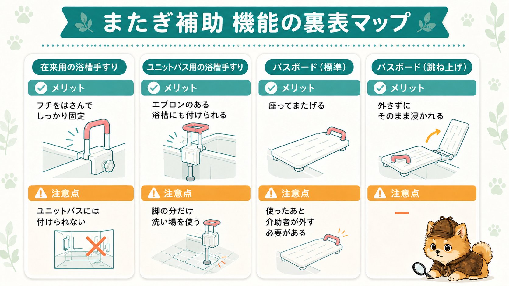 またぎ補助 機能の裏表マップ:在来用の浴槽手すりはフチをはさんで固定できるがユニットバスには付けられない、ユニットバス用は付けられるが脚の分だけ洗い場を使う、バスボード標準は座ってまたげるが使ったあと介助者が外す必要がある、跳ね上げは外さずそのまま浸かれる