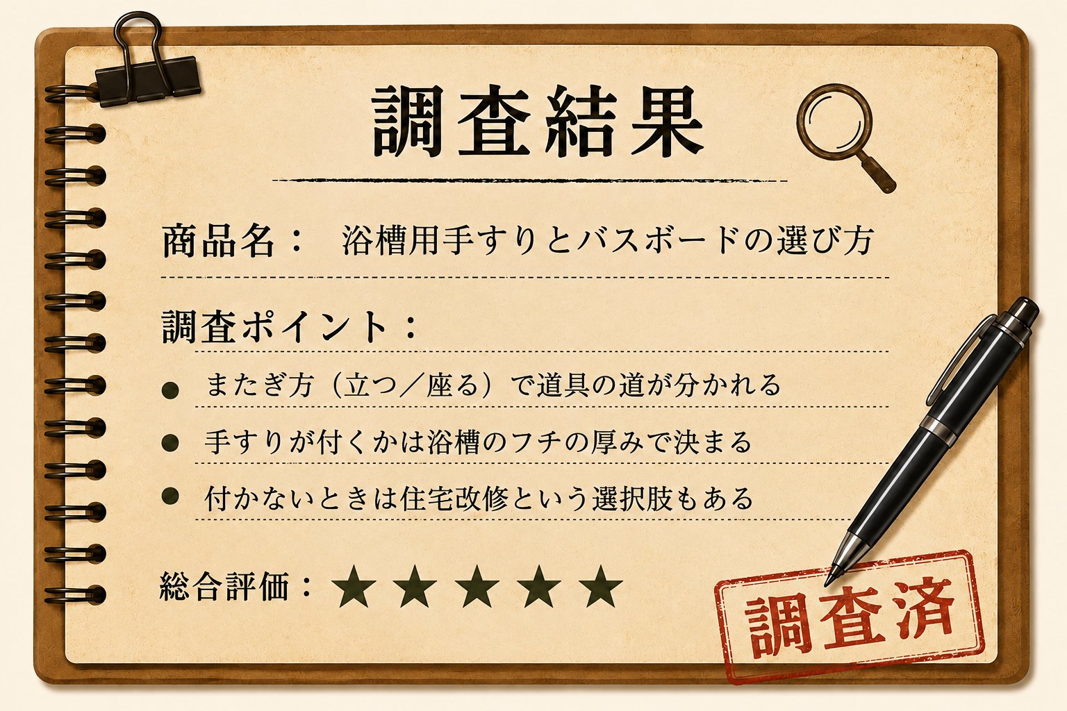 調査結果カード:またぎ方で道具の道が分かれ、手すりが付くかは浴槽のフチの厚みで決まる。付かないときは住宅改修という選択肢もある