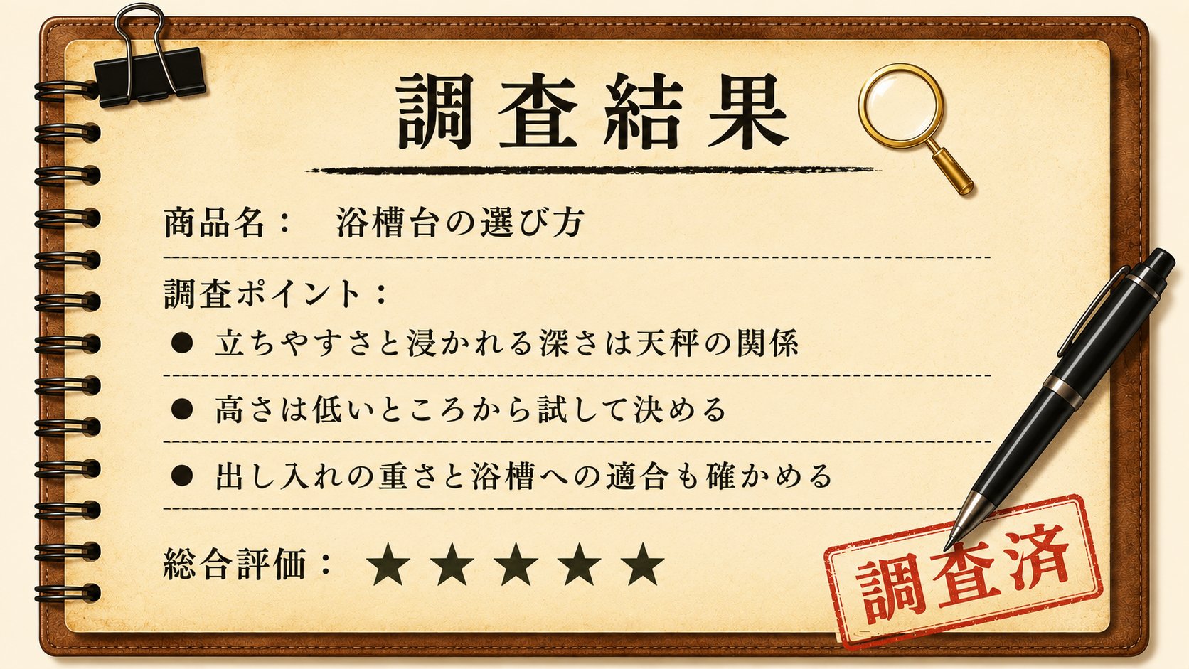 調査結果カード:立ちやすさと浸かれる深さは天秤の関係。高さは低いところから試して決め、出し入れの重さと浴槽への適合も確かめる