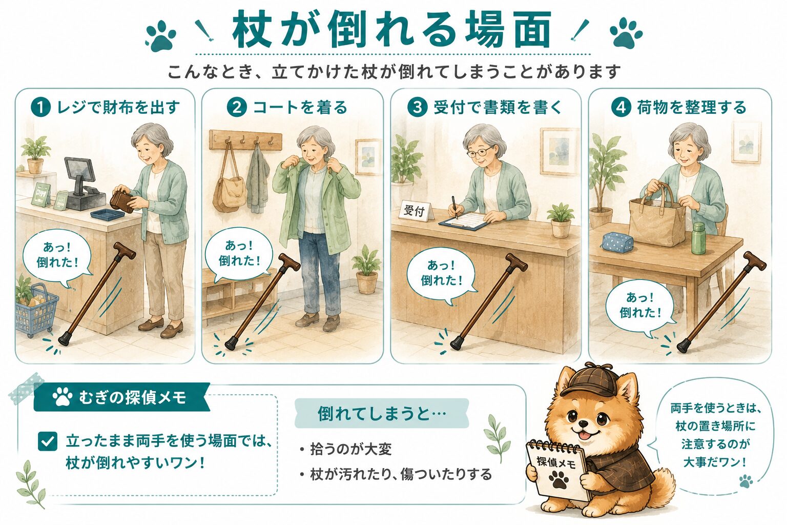 杖が倒れる場面:レジ・コート・受付・荷物整理など、立ったまま両手を使うとき