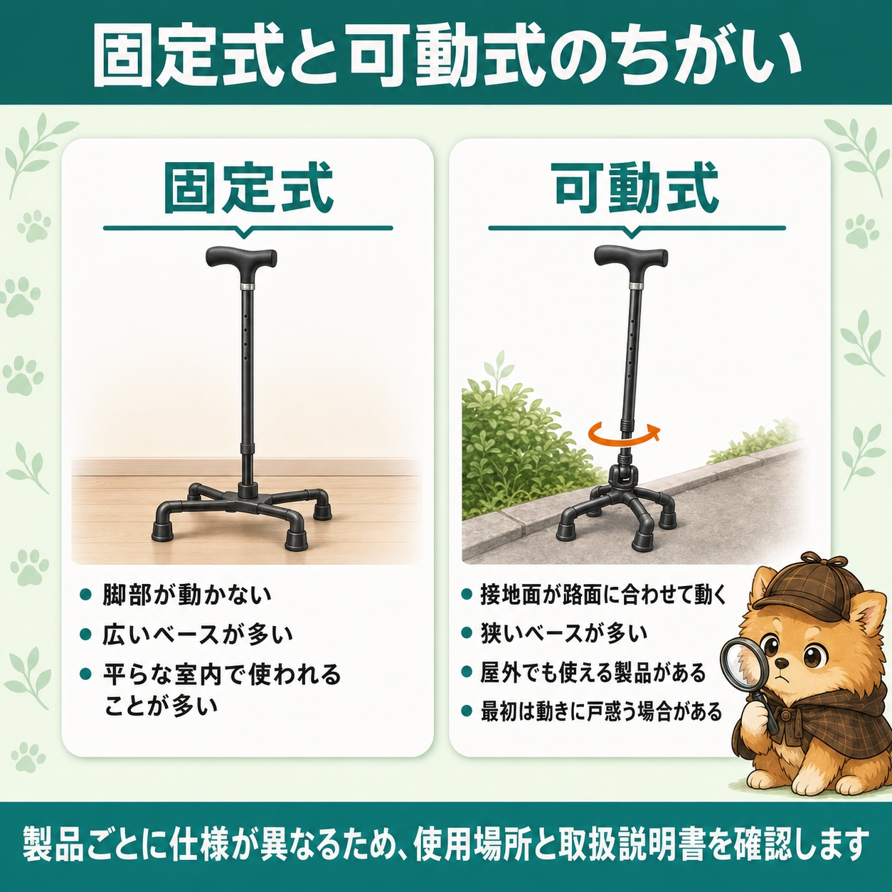 固定式と可動式のちがい:固定式は脚部が動かず広いベースが多く平らな室内で使われることが多い、可動式は接地面が路面に合わせて動き狭いベースが多く屋外でも使える製品がある