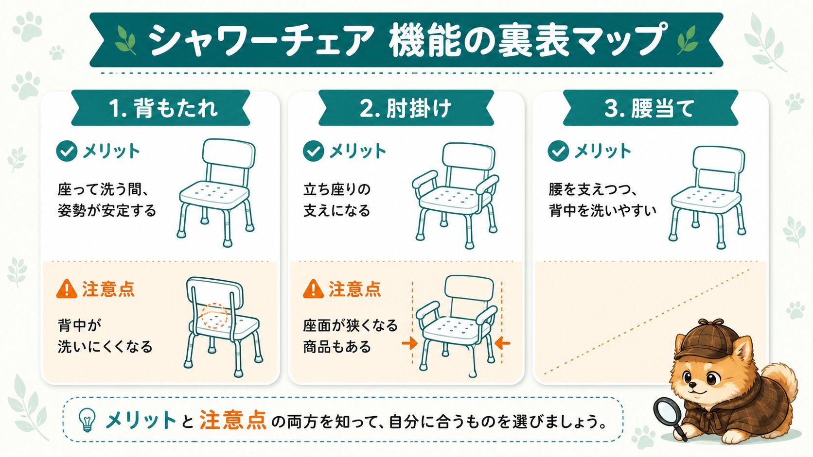 シャワーチェア機能の裏表マップ:背もたれは姿勢が安定するが背中が洗いにくい、肘掛けは立ち座りの支えになるが座面が狭くなる商品もある、腰当ては腰を支えつつ背中を洗いやすい