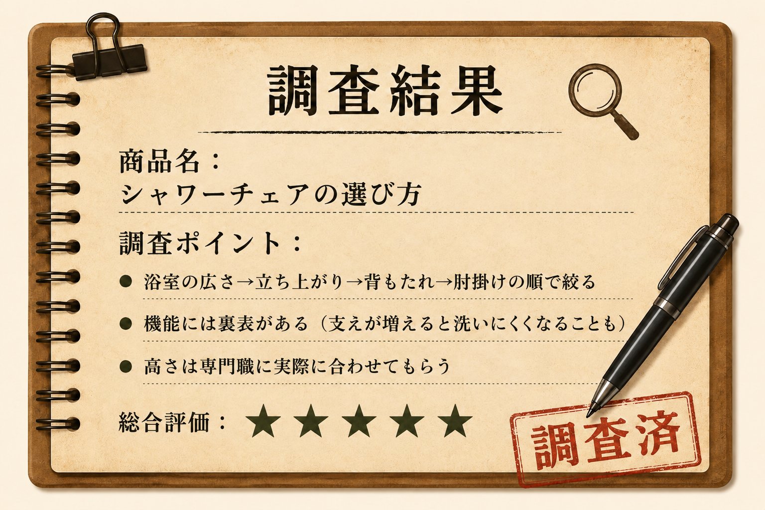 調査結果カード:シャワーチェアは浴室の広さ→立ち上がり→背もたれ→肘掛けの順で絞り、機能の裏表を知って高さは専門職に合わせてもらう