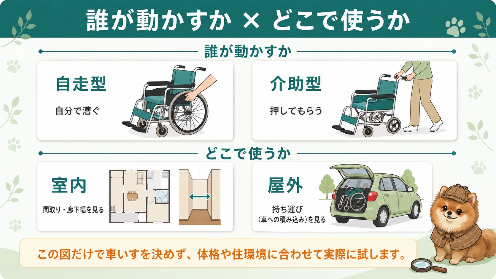 誰が動かすか×どこで使うか:自走型(自分で漕ぐ・後輪大)と介助型(押してもらう・後輪小)、室内(間取り・廊下幅)と屋外(持ち運び)で車いすを整理
