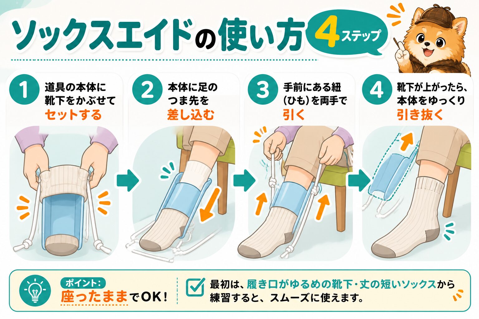 ソックスエイドの使い方4ステップ 本体に靴下をかぶせる・足を差し込む・紐を引く・本体を引き抜く
