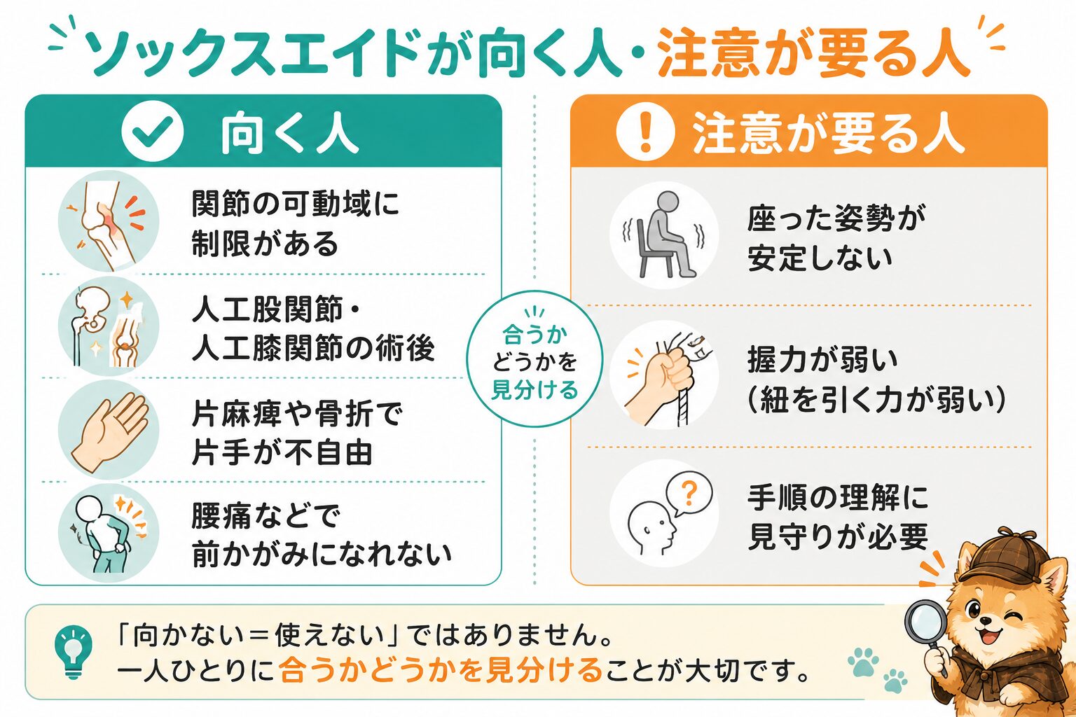 ソックスエイドが向く人・注意が要る人の対比